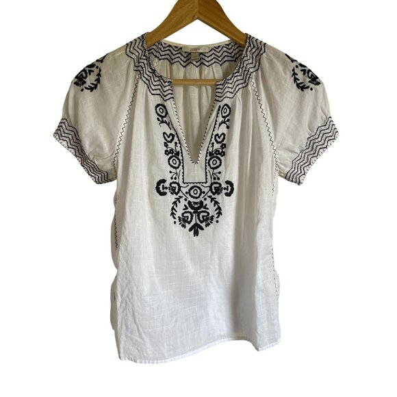 J. Crew Size 4 Cream Black Embroidered Peasant Top 46815 100% Cotton Short Sleev - Picture 1 of 6